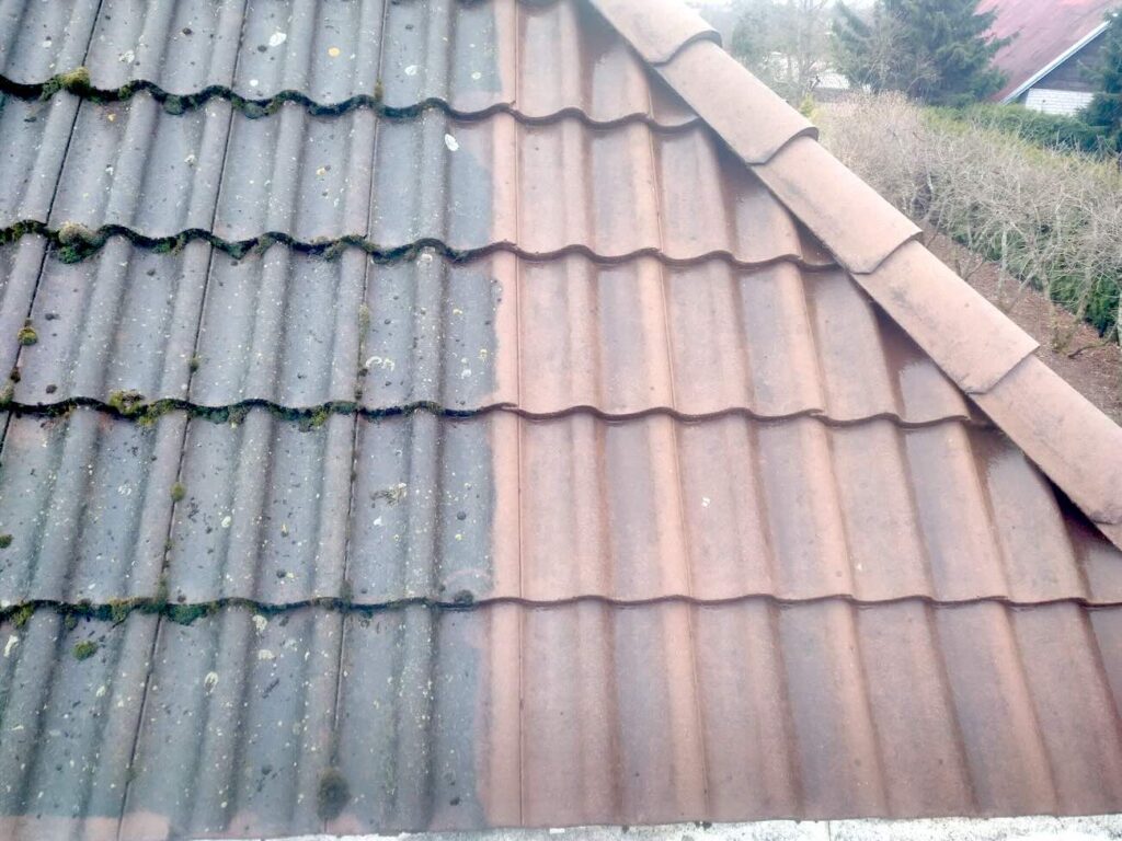 Kivikatuse puhastus enne ja pärast hooldust – samblaga kaetud ja puhastatud katusepool